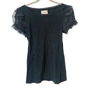 Anthropologie Odonate Epiprocta Black Tee with‎ Sheer Puff Sleeves S